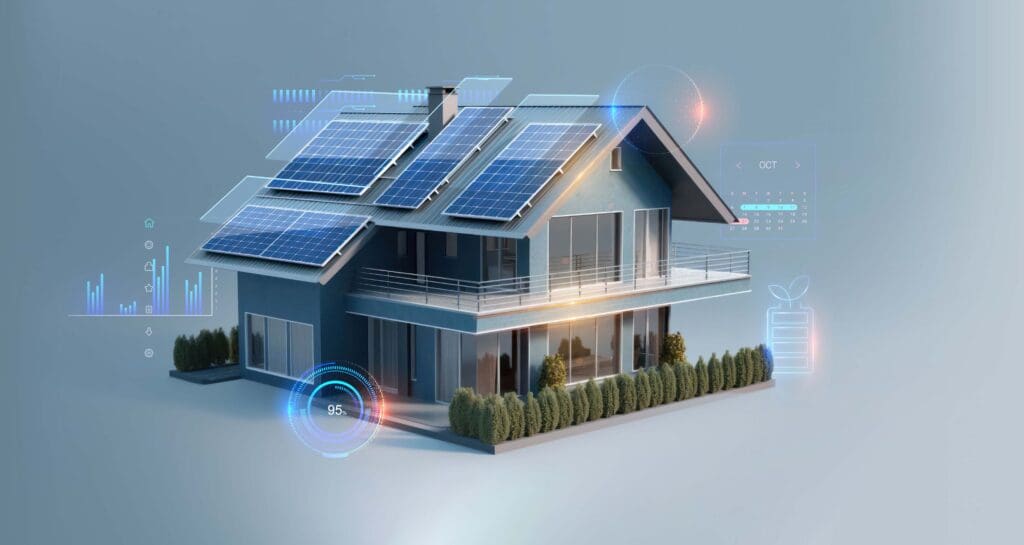 futuristic generic smart home with solar panels rooftop system for renewable energy concepts as wide banner with copyspace area - Generative AI